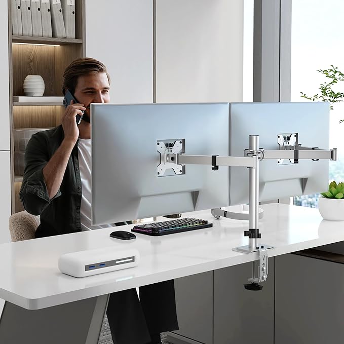 Pholiten Dual Monitor Stand, Heavy Duty Adjustable Monitor Arm Desk Mount for 2 Screens up to 38Inches, Tilt, Swivel, Rotate, Supports Tilt, Swivel, Rotate, Supports 22 lbs per Arm,Silver