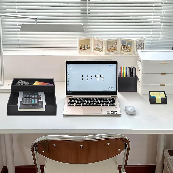 4 Pack Leather Office Supplies/Desk Organizer for Letter Paper Tray,Sticky Note Holder,Pen Cup,Stackable Small Letter Mail Sorter Tray,Workspace Decor for Women Men (Black, 4-piece set)