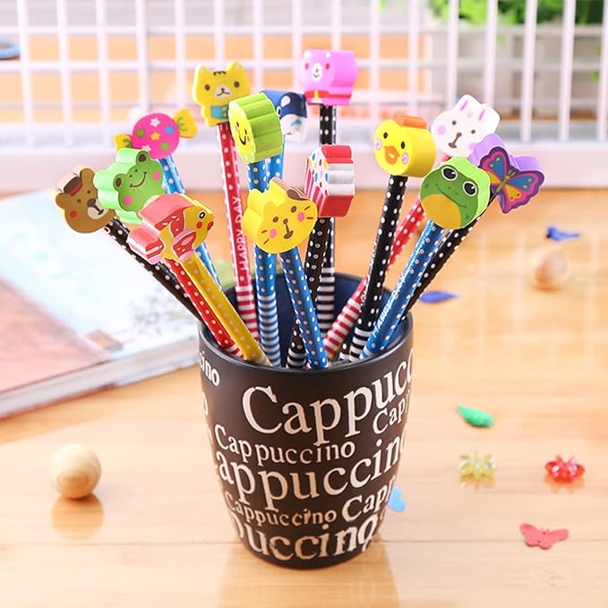Yansanido Pack of 10 Colorful 7.28 Inch Length Random Cartoon Eraser Pencils, Cute Pencils for Office, School Supplies Students Children Gift (10)
