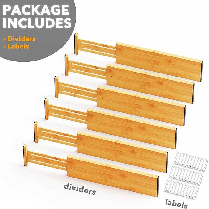 SpaceAid Bamboo Dresser Drawer Dividers 6 Pack, 4.65“ High Adjustable 17“-22” Drawer Organizers, Expandable Organization for Clothing, Clothes, Dressers, Natural