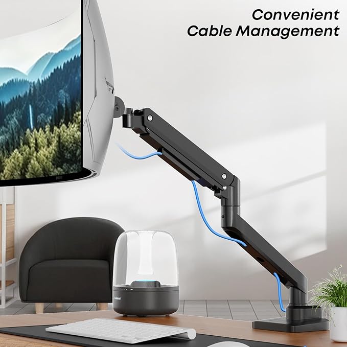 Premium Heavy Duty Monitor Arm for 17 to 49 inch Screens up to 44lbs, Fully Adjustable Ultrawide Single Clamp-on Desk Mount Stand, VESA 75x75/100x100mm (Black)