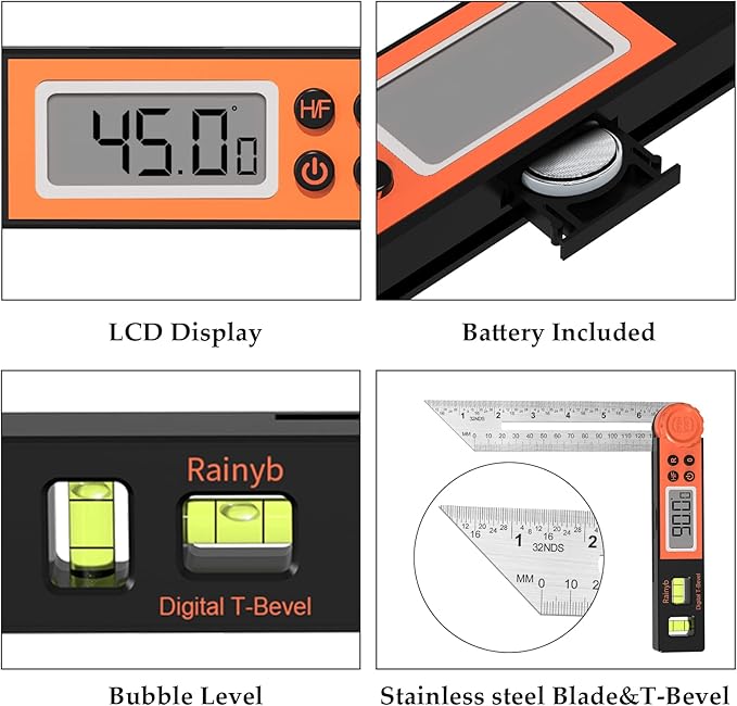 Digital Angle Finder Protractor 0-360 Degree T-Bevel Gauge & Protractor with Horizontal Vertical Bubble & Full LCD Display for Woodworking, Metalworking, Construction(7-Inch X 2Pcs)