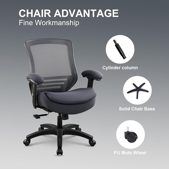 400lbs Ergonomic Office Chair with Double Seat Cushion and Soft Armrests for Executive Computer Desk with Built-in Lumbar Support(Gray)