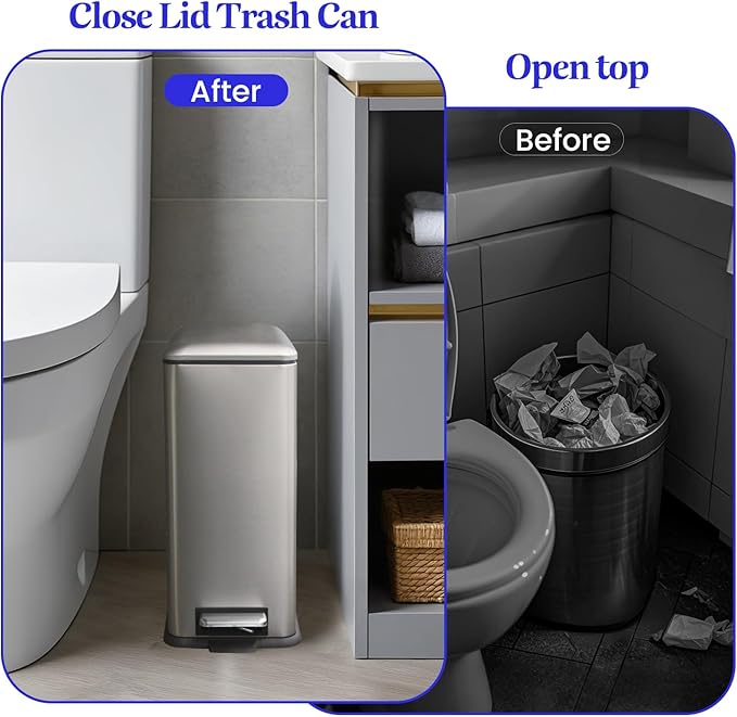 Bathroom Trash Can with Lid,5 Liter / 1.3 Gallon Small Trash Can with Removable Liner, Soft Close lid & Step Pedal, Stainless Steel Trash Bin for Bathroom,Bedroom,Home Office, Kohler Grey