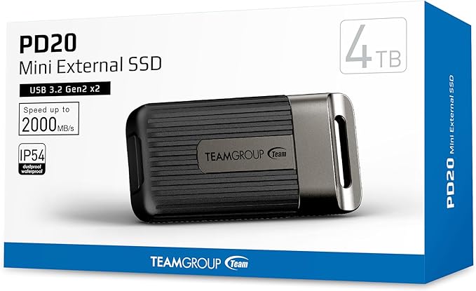 TEAMGROUP PD20 4TB Portable External Solid State Drive SSD Read up to 2000MB/s USB 3.2 Gen2x2 Type-C Waterproof Dustproof IP54 TPSEG5004T0C102