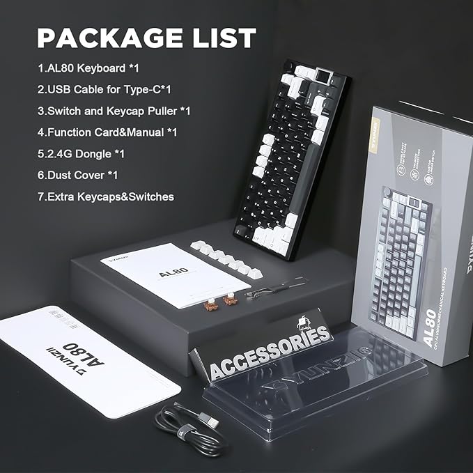 YUNZII AL80 Wireless Mechanical Keyboard,Full Aluminum CNC, Smart LCD Display,Hot Swappable Gasket Mount 75% Layout with Knob,BT/2.4G/USB-C,QMK/VIA Support for Win/Mac (Black, Cocoa Cream V2 Switch)