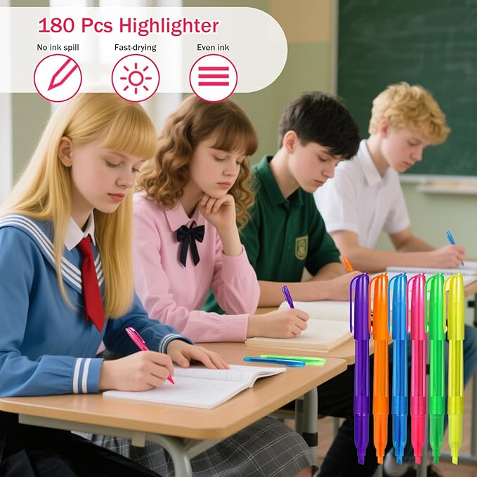 180 Pcs Highlighter Bulk Chisel Tip Multicolor Fluorescent Markers for School Office Classroom Supplies
