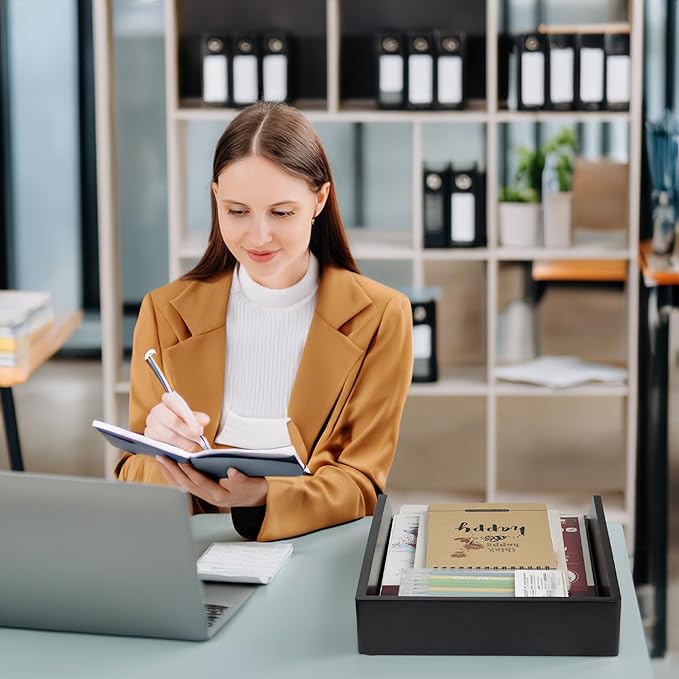 Demigo Desk Organizer Letter Tray Set of 2, Acacia Wood Tabletop Desktop for Storage Paper Letter Folders Notebooks Copy Print, Workspace Holder, Keep Stationery Saver (Black)