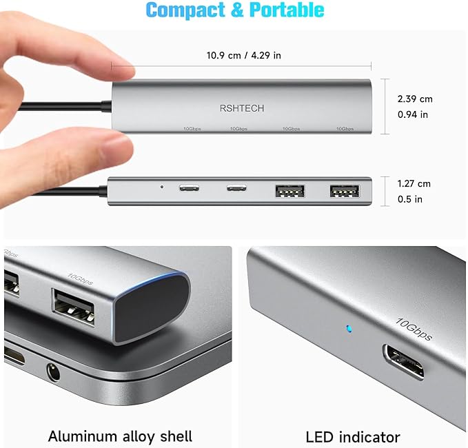 RSHTECH 4 Ports USB C 3.1/3.2 Gen 2 Hub 10Gbps with 2 USB-C and 2 USB-A Data Ports, Portable Aluminum USB Splitter for Laptop, MacBook Pro, and More Type C Devices, Gray, RSH-RX05