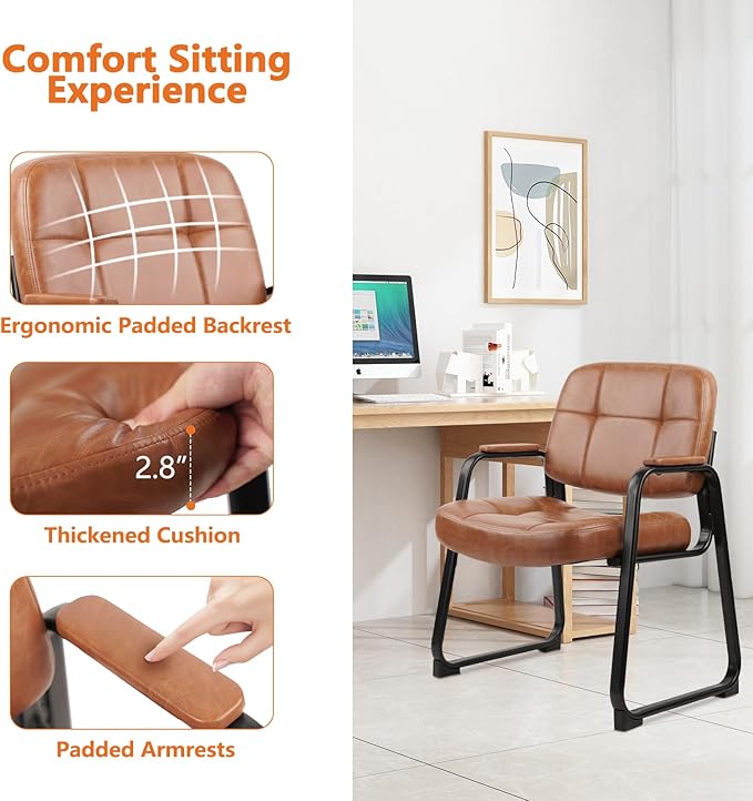 CLATINA Big & Tall 500 lb Waiting Room Chairs with Padded Armrests and Sled Base, Leather Stationary No Wheels Office Guest Chair for Reception Lobby Home and Meeting Conference, Brown (6 Pack)