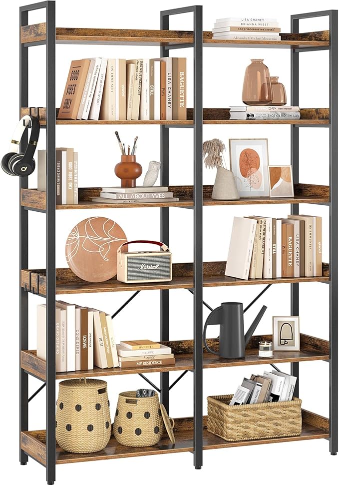 Seventable Bookshelf 6 Tier with 4 Hooks, 67” Industrial Wooden Bookcase, Vintage Storage Rack with Open Shelves, Rustic Standing Bookshelves Metal Frame 43.3” Wide Display Rack, Rustic Brown