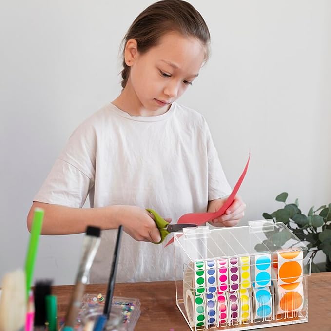 10 Disks Adjustable Label Dispenser with Lid 7.7 * 5.5 * 5.2 Inches Acrylic Sticker Dispenser Sticker Roll Holder for Holding Multi-Label Sticker Tape Date Markers Label Office (Not Include Sticker)