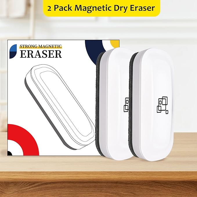 Maxtek Magnetic Dry Erase Eraser, 2 Pack, for Glass Board, Calendar, Whiteboard, Office and School Supplies (Pure White)