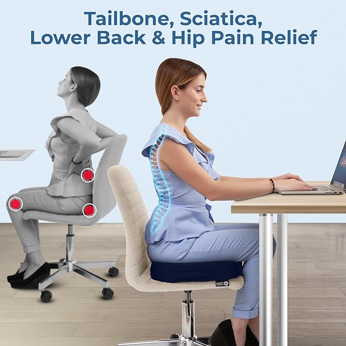 5 STARS UNITED Seat Cushion for Tailbone Pain Relief ā Large Memory Foam Lifting Pillow for Coccyx, Hip, Sciatica & Post-Surgery Recovery ā Wheelchair, Car, Desk, Gaming & Office Chairs, Blue