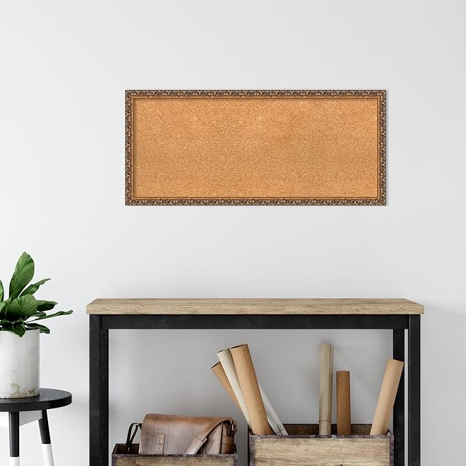 Amanti Art Natural Cork Board for Wall, 16x36 Vision Board with Bronze Frame, Medium Corkboard Office Decor for Home Organization, Traditional Corkboard Pinboard to Display Items for Home