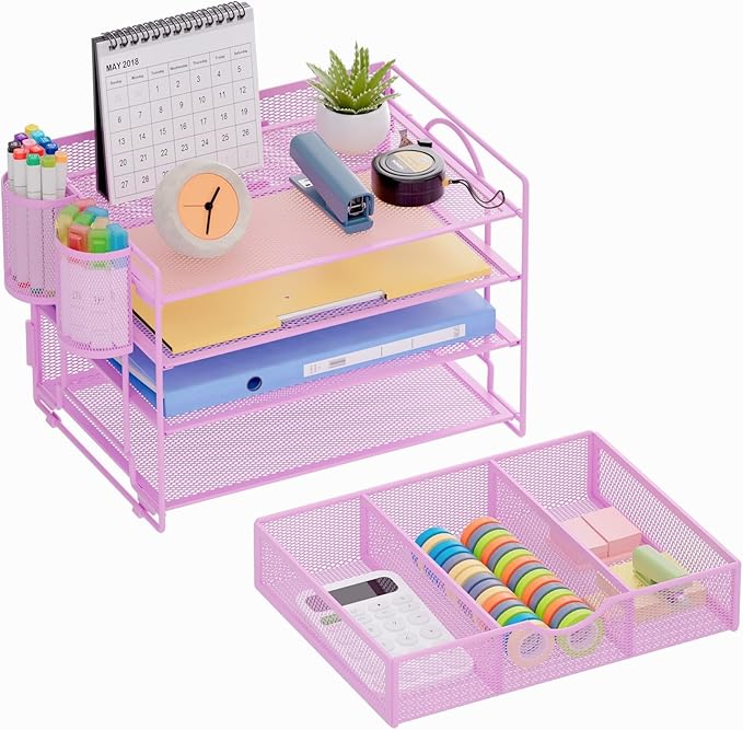 Marbrasse 4-Trays Desk File Organizer with 2 Pen Holder, Desktop Hanging File Holder with Drawer, Paper Letter Tray Organizer (Purple)