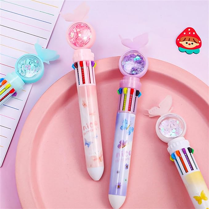 4pcs Set Multi-Color Shuttle Pens 10-In-1 Retractable Ballpoint Pen 0.5mm, Butterfly Design, Home Office School Supplies for Students Kids (4pcs Random Color)