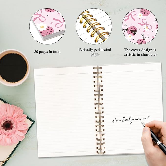 JXREQ Coquette Pink Bow Ladybug Floral Notebook Journal for Women Note Taking Study Writing, Preppy School Supplies, Pink Preppy Floral Spiral Notebooks 5.5x8.3