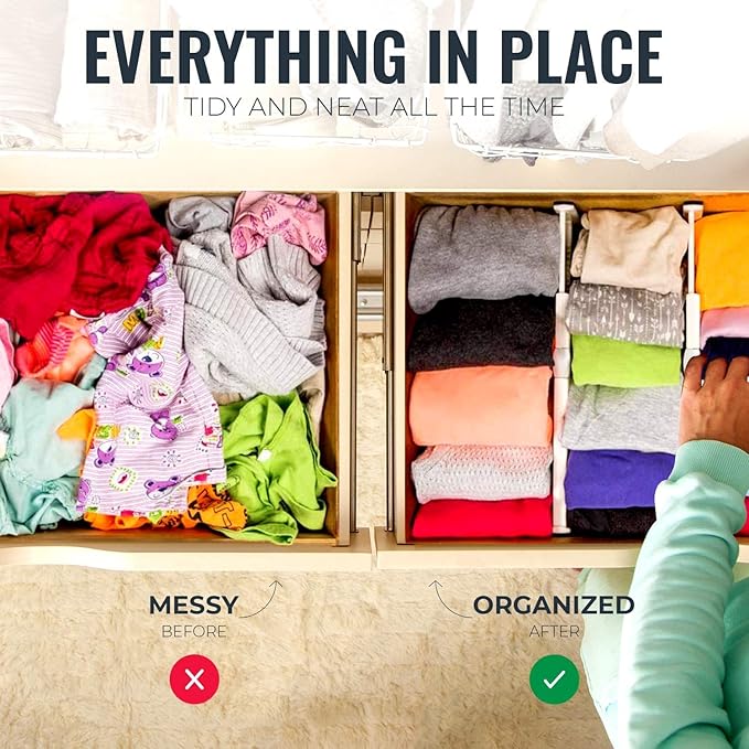 RAPTUROUS Adjustable Deep Drawer Divider – 5" Tall, Expandable 13-22", 5-Pack, Non-Slip Drawer Dividers for Clothes, Dresser, Kitchen & Office Organization (White)