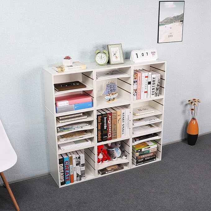 PAG Mail Sorter Organizer, Wood Countertop Literature Organizer, Office Supplies Desktop File Bill Paper Organizer for Office Home School, 4 Compartments, White