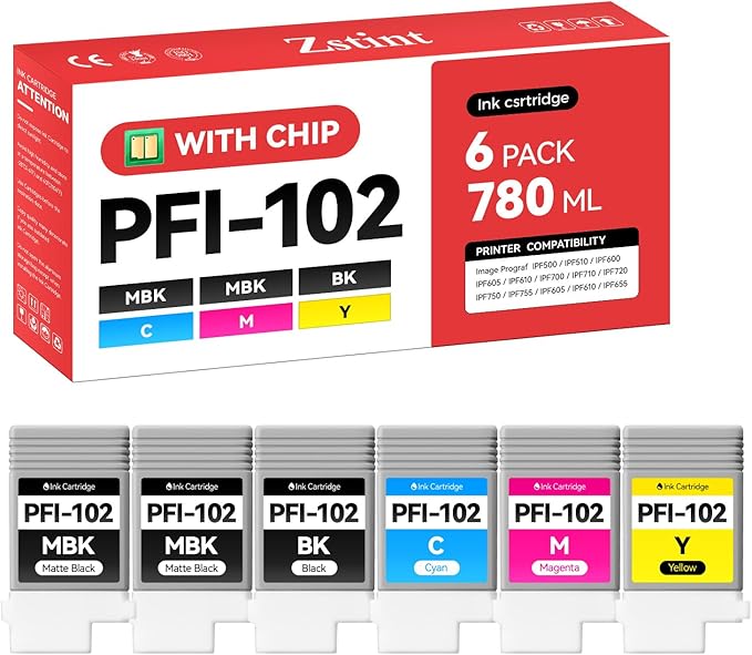 PFI-102 Ink Tank 6-Pack 130ml PFI102 Ink Cartridges Compatible with Canon imagePROGRAF iPF500 iPF510 iPF600 iPF605 iPF610 iPF650 iPF655 iPF700 iPF710 iPF720 iPF750 iPF755 iPF760 iPF765 Inkjet Printer
