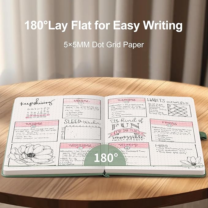 AHGXG Bullet Dotted Journal - 150 GSM Dot Grid Notebook Journal, Thick Acid-Free Paper, A5 Dotted Notebook 128 Pages, Leather Hardcover, Inner Pocket, Journal Stencil, 5.7'' × 8.3'' - Sage Green