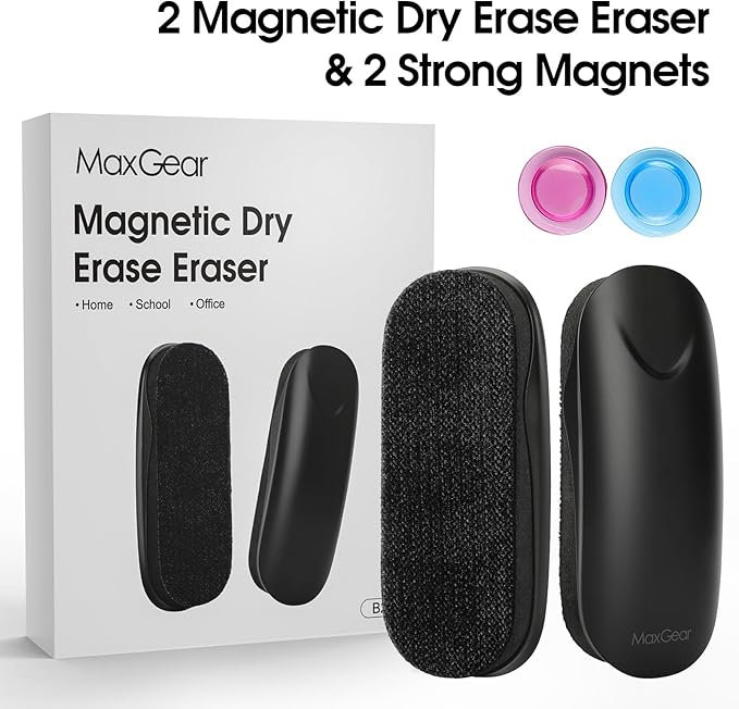 MaxGear Dry Erase Eraser, Magnetic Whiteboard Eraser for Glass Board, Dry Erase Board, Dry Erase Board, Chalkboard Wiper with Built-in Magnet, Teacher Supplies for School, Office, Home, Black, 2 Pack