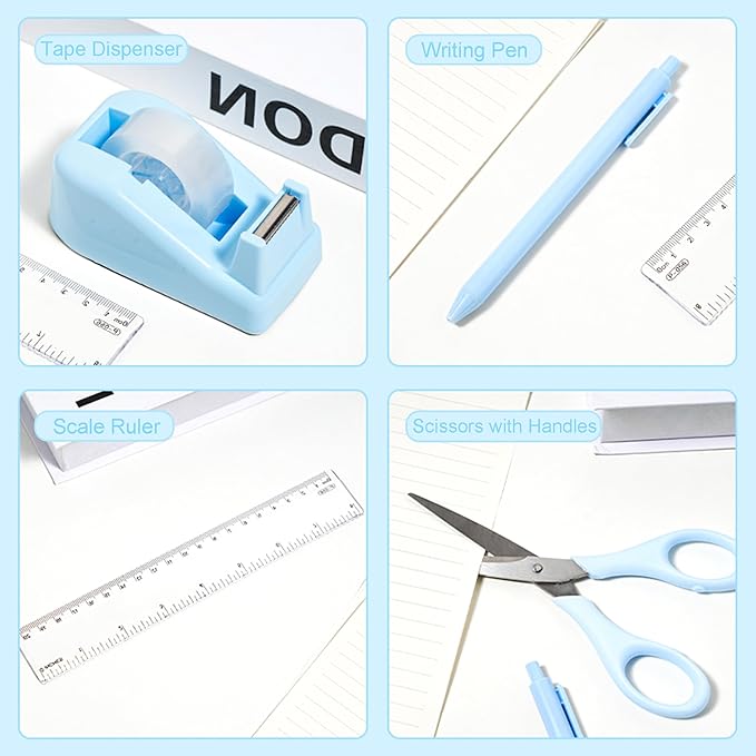 Desk Accessories with Pen Holder, Office Supplies Desk Organizers and Accessories, Tape Dispenser, Stapler, Staple Remover, Staples, Clips Set, Ruler, Scissor, Pen, Tape (Blue)