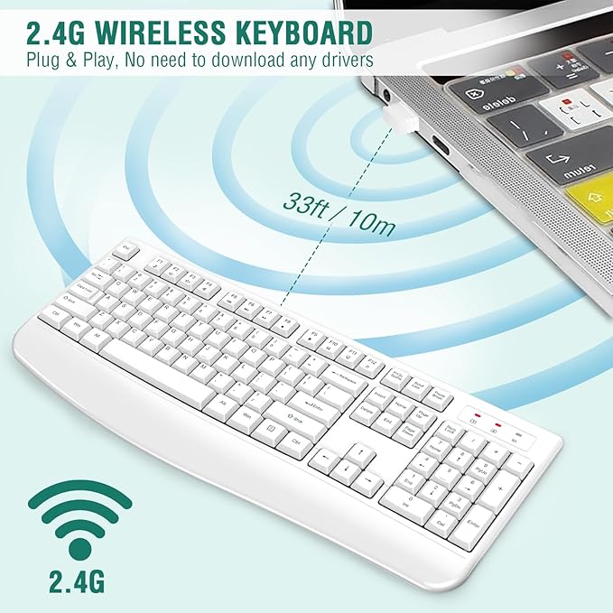 EDJO Wireless Keyboard, 2.4G Ergonomic Full Size Wireless Computer Keyboard with Wrist Rest for Windows, Mac OS Desktop/Laptop/PC(White)