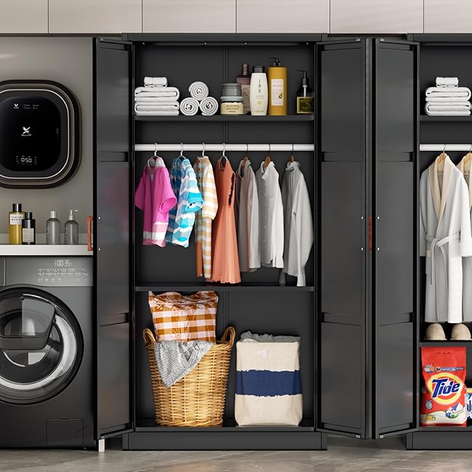 Greenvelly Metal Wardrobe Cabinet with Wooden Handle, 72" Black Metal Wardrobe Closet with Hanging Rods and Adjustable Shelves, Clothing Storage Closet Cabinet for Home, Office, Employee, Gym