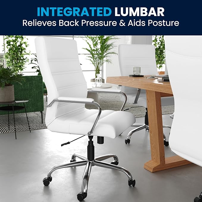 Flash Furniture Whitney High-Back Swivel LeatherSoft Desk Chair with Padded Seat and Armrests, Adjustable Height Padded Office Chair, White/Chrome