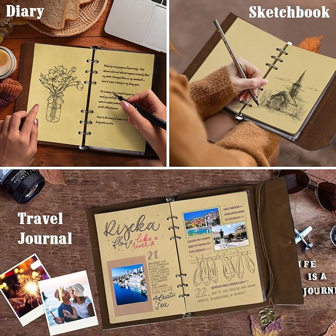 Leather Journal Notebook, Travel Journal with 2 Pockets, Vintage Refillable Journal for Writing, Diary Journal for Women, Men, Girls and Boys, 100GSM Blank Paper, 160 Pages (Green A5 9.2" x 6.5")