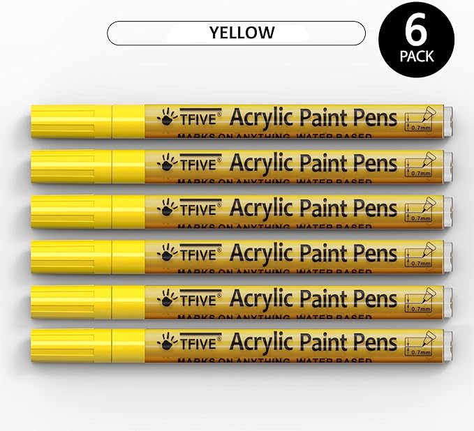 Yellow Marker Paint Pens - 6 Pack Acrylic Yellow Permanent Marker, 0.7mm Extra Fine Tip Paint Pen for Art Projects, Drawing, Rock Painting, Ceramic, Glass, Wood, Plastic, Metal, Canvas DIY Crafts