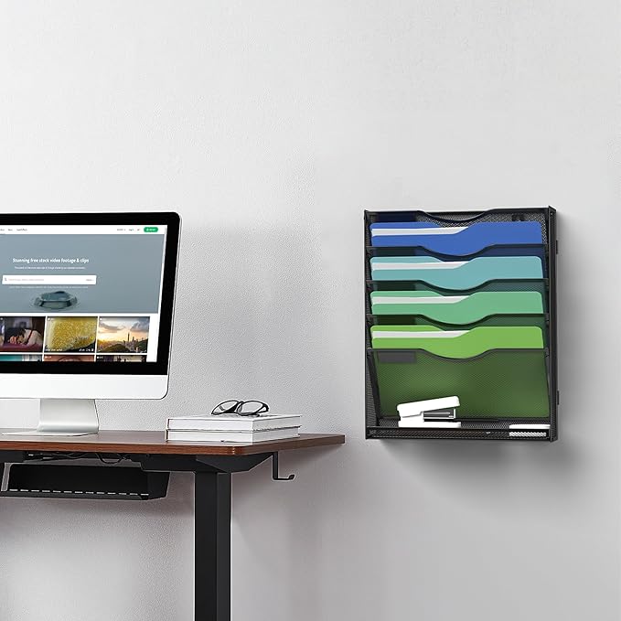 Kuntine.B Wall File Organizer Office Hanging Magazine Holder Wall File Organizer for Office Home (Black, 6 Tier & Hangers)