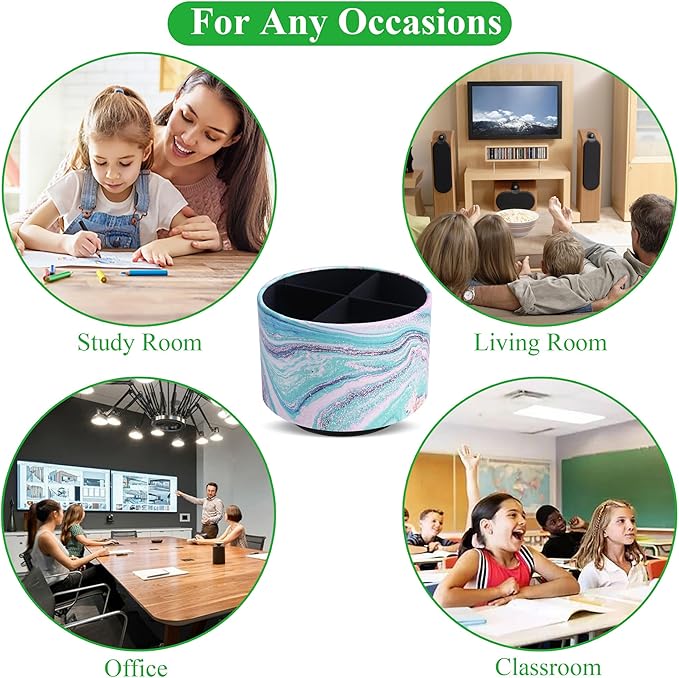 Round Leather Art Supply Organizer,Remote Control Holder,360-degree Rotating Pen Organizer with 4 Compartments(1-Pink Green Splash Ink)