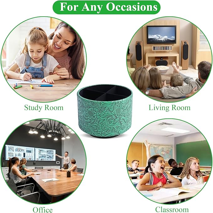 lizimandu Round Leather Art Supply Organizer,Remote Control Holder,360 Degree Spinning,Multi-Functional Pencil Holder,4 Compartments Desktop Stationary Organizer(1-Carved Green)
