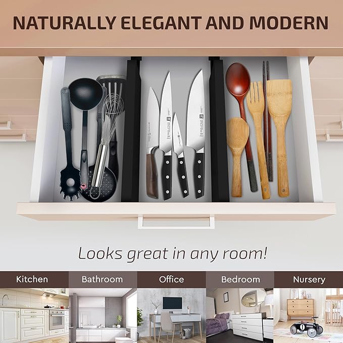 Large Kitchen Drawer Organizer - Expandable Bamboo Drawer Dividers (17" - 21.5") - Adjustable Separators for Kitchen, Clothes, Dresser, Bedroom, Bathroom, and Desk Drawers - 6-Pack (Black)