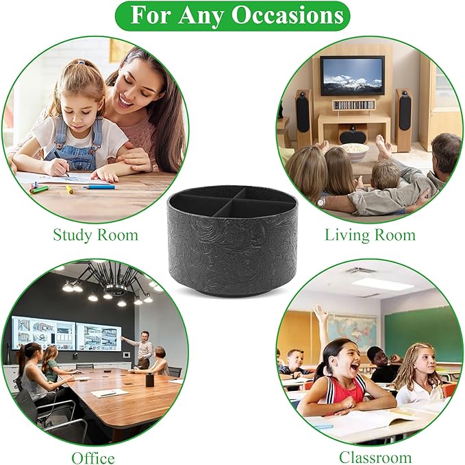 lizimandu Round Leather Art Supply Organizer,Remote Control Holder,360 Degree Spinning,Multi-Functional Pencil Holder,4 Compartments Desktop Stationary Organizer(1-Black2)