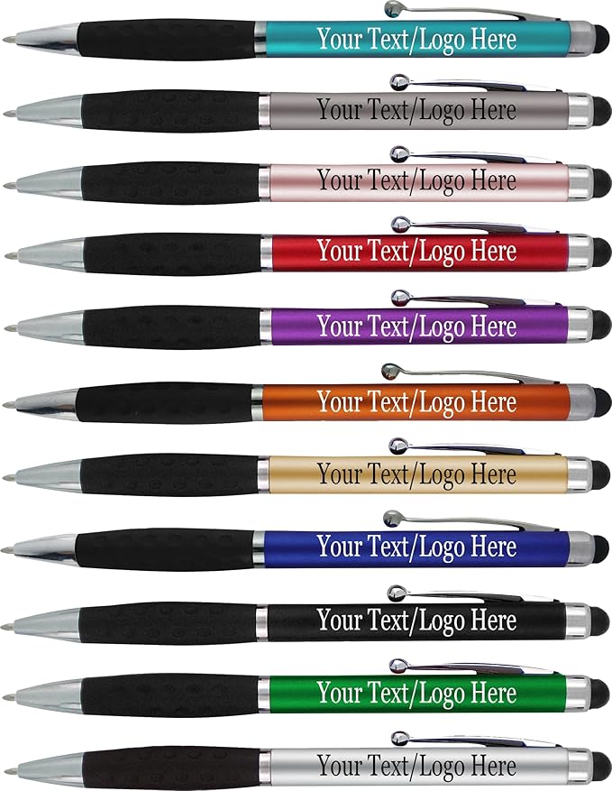Personalized Pens With your Custom Logo or Text-600 Pack Bulk-for Businesses, Parties, and Events, 2 in 1 Ballpoint Pen & Stylus for Touchscreen Devices, Light Assorted Barrels, Black Ink