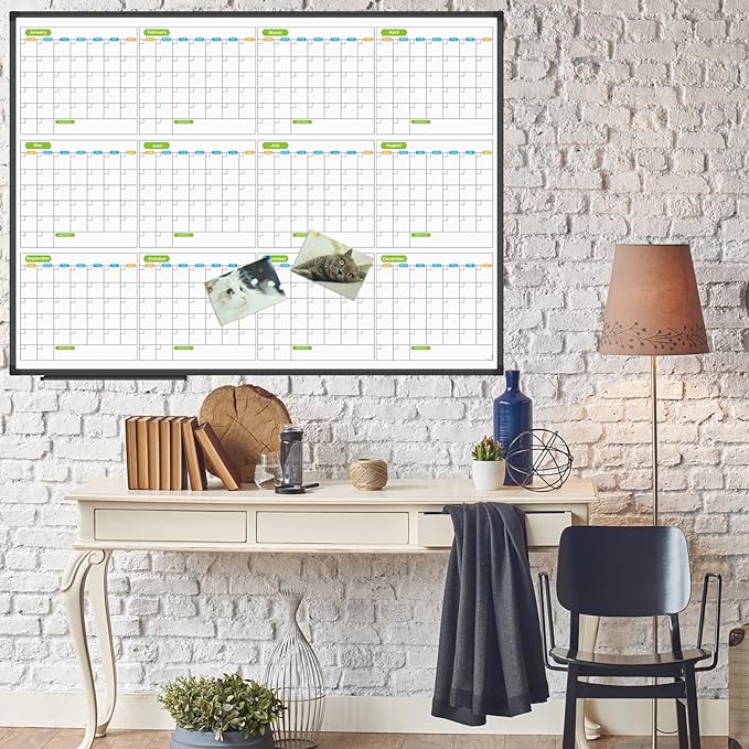 JILoffice Magnetic Dry Erase Calendar Whiteboard, 12 Months White Board Planner 48 X 36 Inch, Black Aluminum Frame Wall Mounted Board for Office Home and School