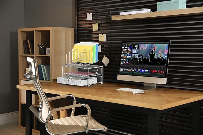 DecoBrothers Desktop File Organizer with Double Tray and 5 Folder Stand, Silver