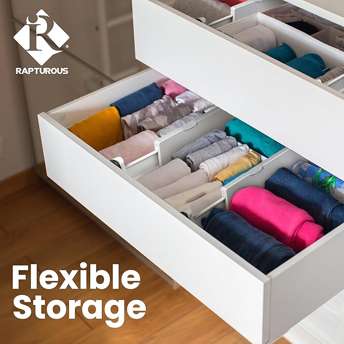 RAPTUROUS Adjustable Drawer Dividers 4 Pack, 4” High, 11-17” Long, Dresser Drawer Divider for Bedroom, Closet, Kitchen, Nursery Organization, Office, Strong & Sturdy Hold, Soft Foam Edges(White)