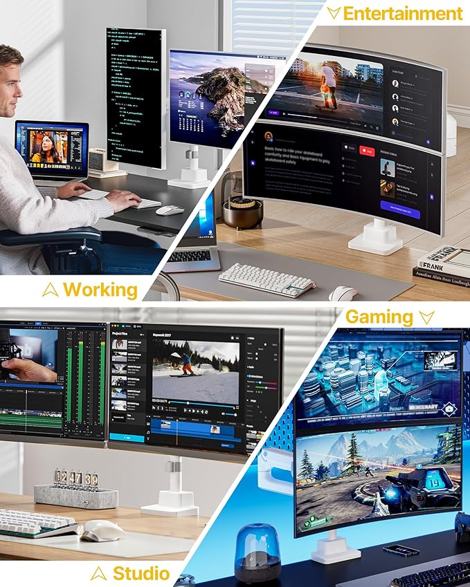 monTEK Dual Monitor Arm for up to 57" and 59.4 lbs Ultrawide Screen, Aluminum Heavy-Duty Gas Spring Vertical Stackable Curved Screen Adjustable Monitor Stand, 75/100mm Vesa Mount, White