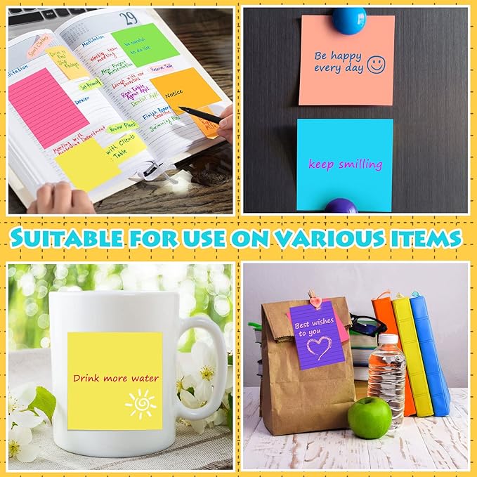 Yexiya 64 Pcs Lined Sticky Notes Self Stick Notes with Lines Bright Assorted Colors Sticky Pad for Home Office Products Post Memos, 1920 Sheets(4 x 6 Inch, 3 x 3 Inch,Stylish Color)
