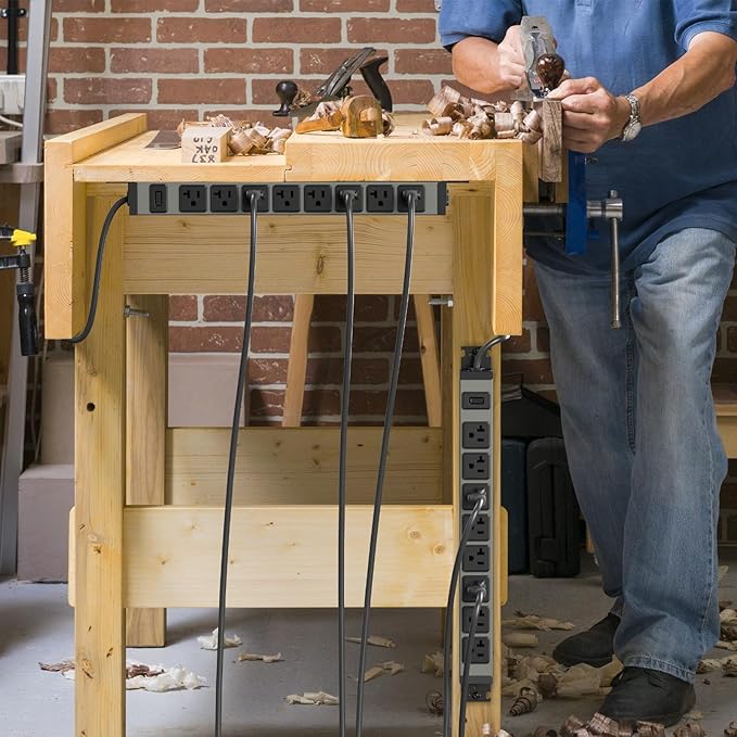 JUNNUJ Heavy Duty Power Strip Wall Mount, 20 Amp Surge Protector 1200J Metal 8 Outlet Under Desk Mounted 20A, Garage Power Bar Table Socket Industrial Outlets 6-20R T-Slot, 10FT 12AWG Extension Cord