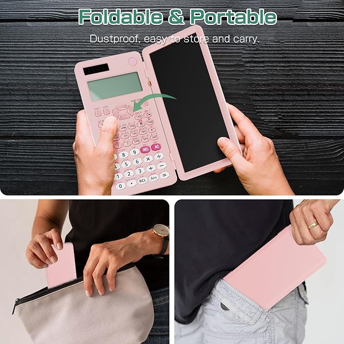 Rechargeable ROATEE 991ES MAX Scientific Calculators, CalcNote Multiview 4-Line Display with LCD Writing Tablet Notepad, Foldable Portable for Business High School College Students and Teacher(Pink)