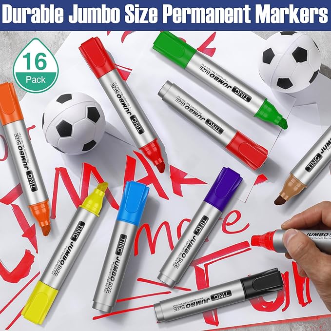 Fuutreo 16 Pcs Jumbo Size Permanent Markers Bulk Large Chisel Tip Permanent Markers Thick Waterproof Jumbo Pens Set Huge Poster Supplies(Rainbow)