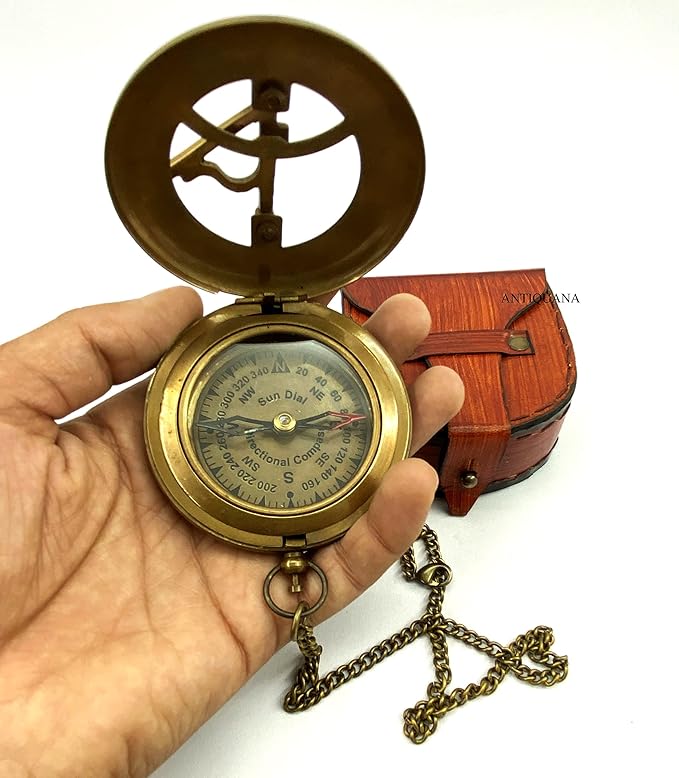 Antique Brass & Copper Sundial Compass, Sundial Clock in Box Gift Sun Clock Ship Replica Watch, Nautical Gifts for Men, Unique Nautical Decor, Naval Maritime Sundial (#6 Antique Push Button)