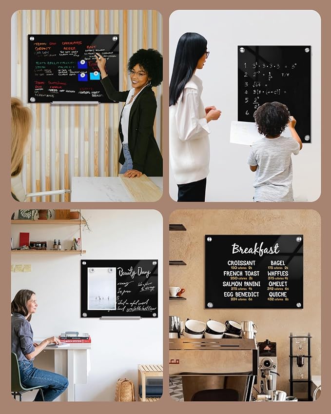 Magnetic Glass Whiteboard,24"x18" Wall Mounted Frameless Dry Erase Board for Office, Home & School Black
