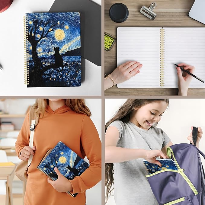 Cute Spiral Notebook journal A4 Aesthetic Pretty Design for Women Girls Kawaii with Pocket, 8.5 x 11 inch, Lined, Cat Galaxy